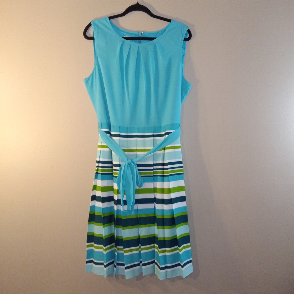 Talbots Sleeveless Aqua and Stripe Midi Dress with Tie Waist